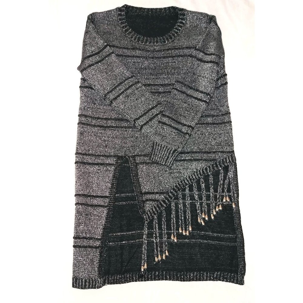 Black & Silver Knit Long Top with Tassels & Beads